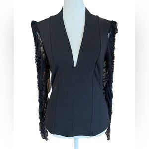 FREE PEOPLE Intimately S Black Stretch Top w Polka Dot Lace Ruffle Long Sleeves